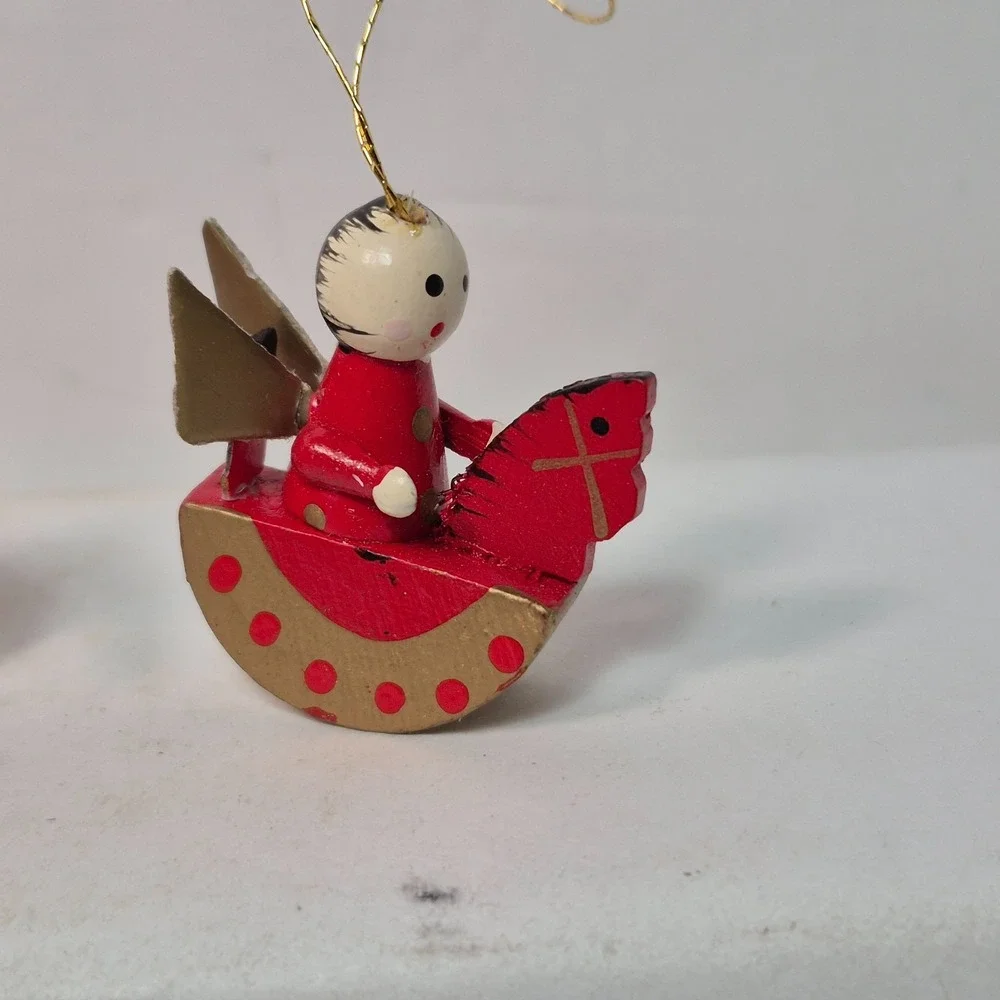 Vintage Miniature Angel Ornaments Lot Of 10 Mini Wooden Red Gold Christmas